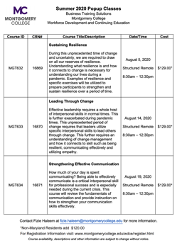 Business Training Solutions Summer 2020 PopUp Classes Course Schedule at Montgomery College Md