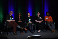 (L to R) Fearless' design director Jordan Watts; Exelon's principal product designer Chris-Anne Correa; Mindgrub's research and experience design director Shannon Hosmer; Christine Jackson, director of digital Strategy for the National Aquarium; and Solomon Scott, engineering lead, for The Washington Post, speak on a panel during the third annual Digital Transformation Summit.